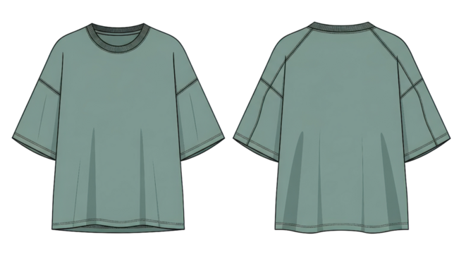 Oversized raglan sleeve t-shirt technical fashion flat sketch isolated PNG with Transparent Background