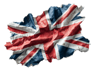  Torn vintage Union Jack flag with realistic folds, isolated, transparent background
