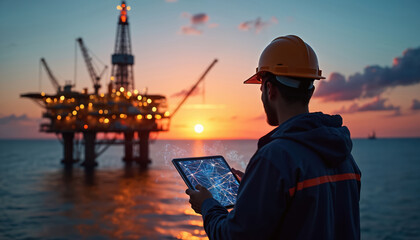 Fototapeta premium Worker in hard hat analyzes data on tablet near offshore oil rig at sunset. Illuminated platforms, machinery, sea create industrial twilight scene. Focus on technology, monitoring, operations,