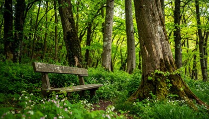 Wooden bench in a lush forest