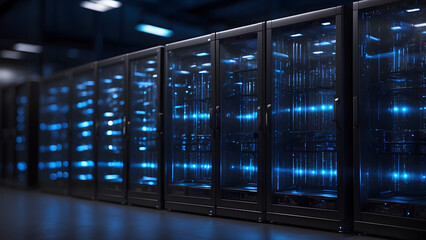 Illuminated server racks hum with powerful blue light, representing data centers and advanced technology infrastructure.