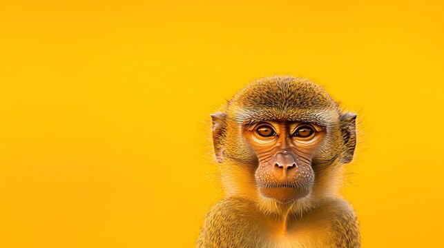Close up of a curious monkey face against a vibrant yellow background