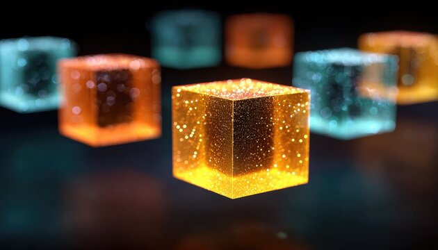 Floating, glowing cubes,  orange, teal, dark