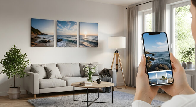 Cozy Living Room with Three Seascape Canvas Prints and Smartphone