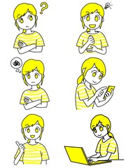 色々な表情の若い女性のシンプルでおしゃれな線画イラストセット（黄色）