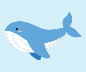 Cute Hand Draw Blue Whale Character, Sea Life While Swimming, Big Whale Underwater Character Flat Design, Aquatic Giant Whale illustration