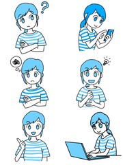 色々な表情の若い女性のシンプルでおしゃれな線画イラストセット（青）