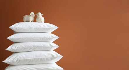 Counting Sheep on White Pillow Stack, Terracotta Background