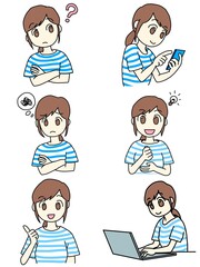 色々な表情の若い女性のシンプルでおしゃれな線画イラストセット（カラー）