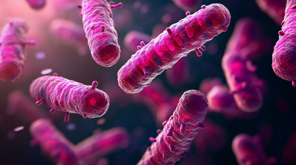 3D microscopic view of red bacteria under magnification, showcasing cellular structure and microbial detail. Concept of microbiology, infection, pathogens, and science research.