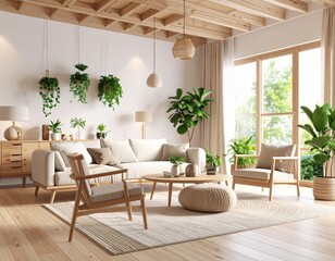 cozy Scandinavian living room with natural wood, soft lighting, and plants