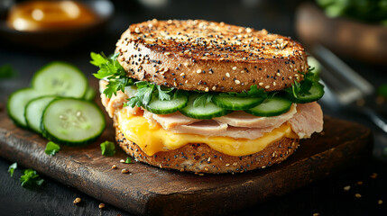 Delicious breakfast sandwich with smoked turkey, egg, and cheese on seeded bagel, garnished with fresh cucumber slices and parsley, creating savory and fresh meal