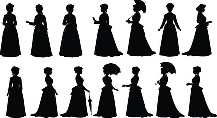 Victorian woman silhouette collection, vintage fashion poses, historical female figures, elegant 19th century dress design, retro lady style art