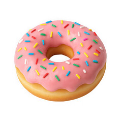 A pink donut with colorful sprinkles isolated on transparent background, ready to eat