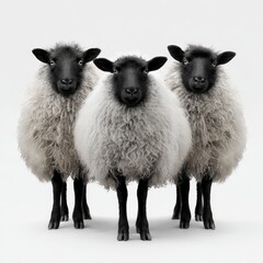Fototapeta premium Three sheep standing close together, showcasing their woolly bodies and contrasting black faces. The sheep create a striking visual with their contrasting colors and textures