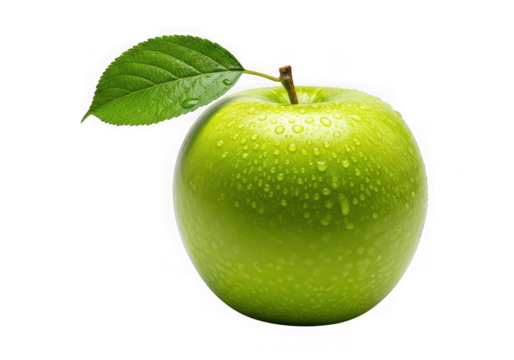 Fresh green apple with leaf and water droplets isolated on transparent background