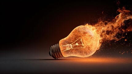 A glass lightbulb engulfed in flames rests on a dark surface, emitting an intense orange glow. The fire trails behind it, suggesting motion and intensity