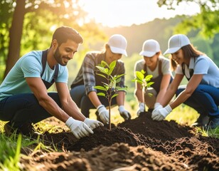 group of diverse employees planting trees together as part of corporate volunteer program
