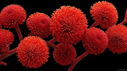 3D microscopic view of red bacteria under magnification, showcasing cellular structure and microbial detail. Concept of microbiology, infection, pathogens, and science research.