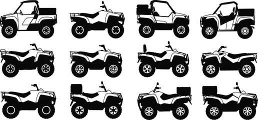 WebOff-road vehicle silhouettes, UTV, ATV, vector, black, rugged, terrain, motorsport, utility, quad bike, adventure, transport © Bappi Creatives