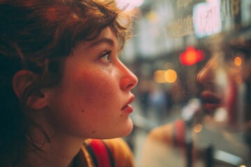Close-up of an individual deeply engaged in their reflection in a shop window. The vibrant city life buzzes softly in the background, creating a contrast of stillness and movement