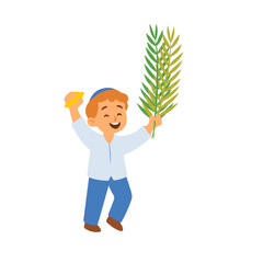 Jewish kids holding traditional four species of Jewish holiday Sukkot.