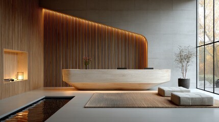 Modern minimalist lobby with wooden accents and a large window