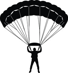 Parachutist silhouette, parachute jump, black vector, airborne, canopy, descent, extreme sport, aviation, posture, outline, flat illustration, CAD drawing, sport graphic