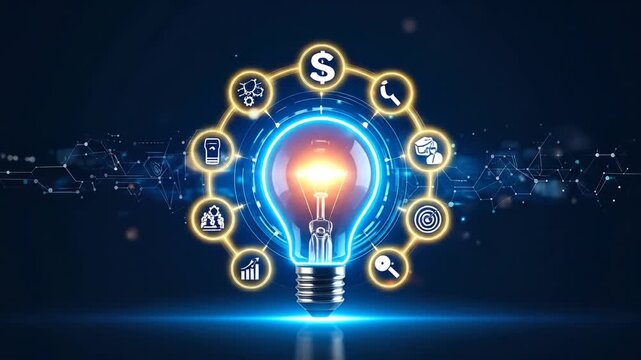 Glowing light bulb centerpiece surrounded by circular icons, symbolizing ideas, innovation, and technology against a dark blue background
