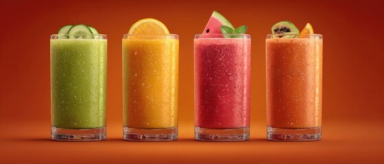 Four colorful fruit smoothies in tall glasses