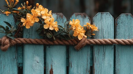 Yellow flowers adorn a weathered blue fence