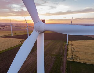 modern wind farm at sunset with rotating turbines