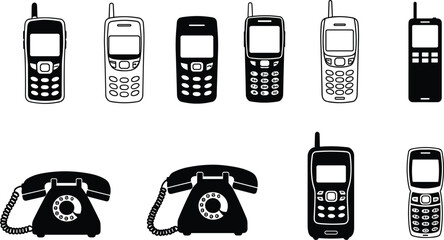 Phone icons set, mobile and rotary dial designs, vintage to modern, communication, technology evolution, black and white vector illustration