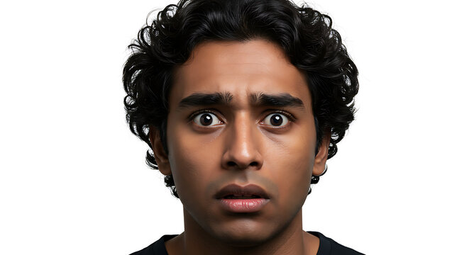 Realistic portrait of a diverse person showing fear, full face and complete hair visible, isolated on pure white background, professional studio lighting, sharp focus, authentic natural emotional huma