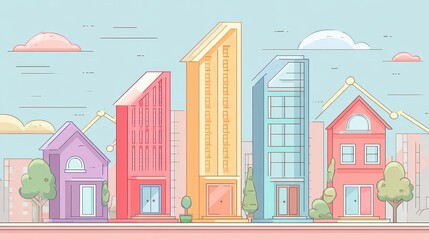 Fototapeta premium Real estate investment infographic flat design side view property market theme animation colored pastel.