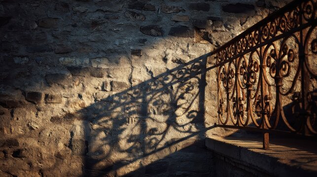 Shadow Pattern Cast by Metal Railing on Stone Steps in Afternoon. Decorative backdrop - Powered by Adobe