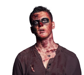 Obraz premium Distressed Man in Torn Clothing with Intense Expression
