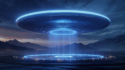 A futuristic, disc-shaped craft hovers over a desolate, mountainous landscape at twilight, emitting beams of light onto a gathering below
