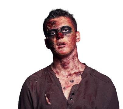 Distressed Man in Torn Clothing with Intense Expression