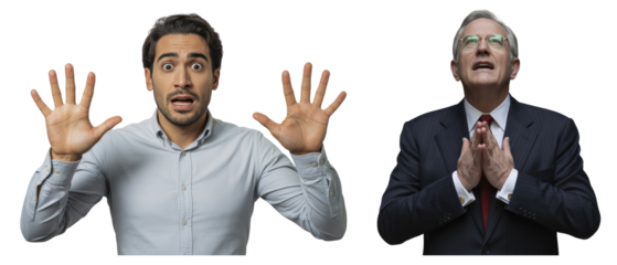 Man with hands raised in surprise next to man praying with isolated on white transparent background png jpg business people clipping path cutout 2025 2026 4k full hd poster banner label download