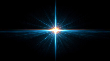 Shiny flare light effect with glowing blue beam star on black background. Futuristic luminous burst, ideal for overlays, digital design, or abstract backdrops.