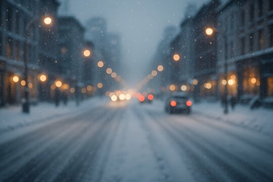A blurry snowy street scene with cars and streetlights on a winter evening. The snow falls gently, creating a serene atmosphere.