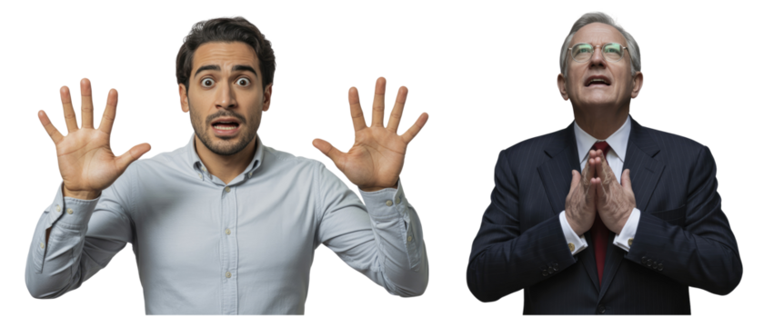 Man with hands raised in surprise next to man praying with isolated on white transparent background png jpg business people clipping path cutout 2025 2026 4k full hd poster banner label download