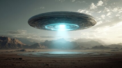 A futuristic, disc-shaped spacecraft hovers over a desolate, mountainous desert landscape, emitting a bright, cyan beam of light that illuminates a circular area on the ground