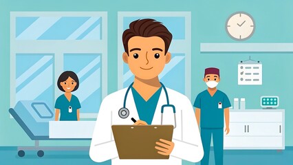 Cartoon doctor with stethoscope holding clipboard in hospital room with nurse patient and medical staff illustration
