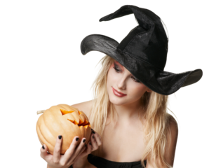 Witch Holding a Carved Pumpkin in Hand