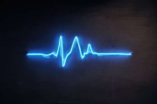 Neon heart rate waveform against dark wall