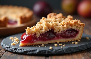 Slice of delicious plum crumble tart features juicy fruit filling, streusel topping. Homemade pastry treat baked to perfection on slate board, offering sweet, crumbly texture for dessert lovers.