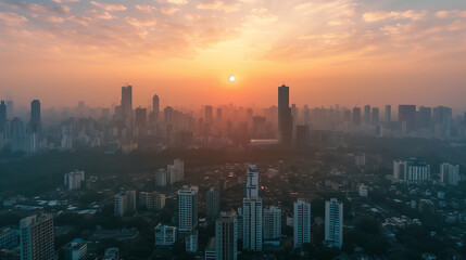Fototapeta premium Aerial view of modern city skyline at sunset, Bhandup West, Mumbai, India