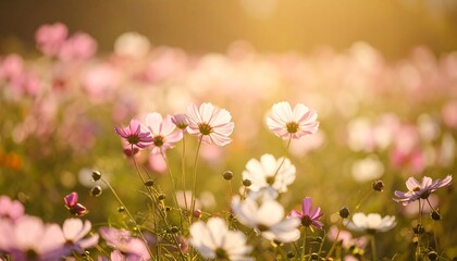 Fototapeta premium Soft-focus cosmos field bathed in golden light